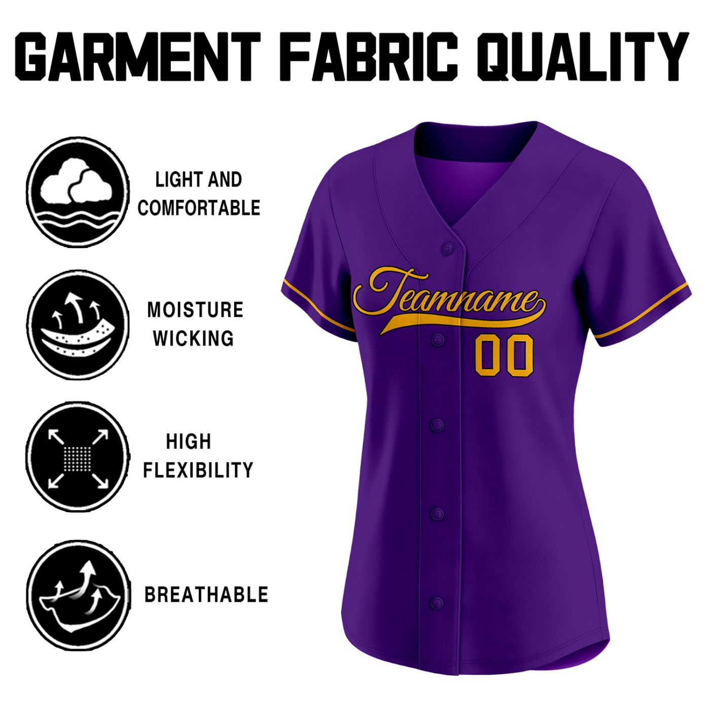 Custom women's purple baseball jersey with gold team name and number 00