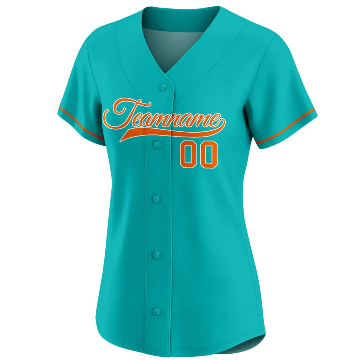 Custom women's teal baseball jersey with orange team name and number 00