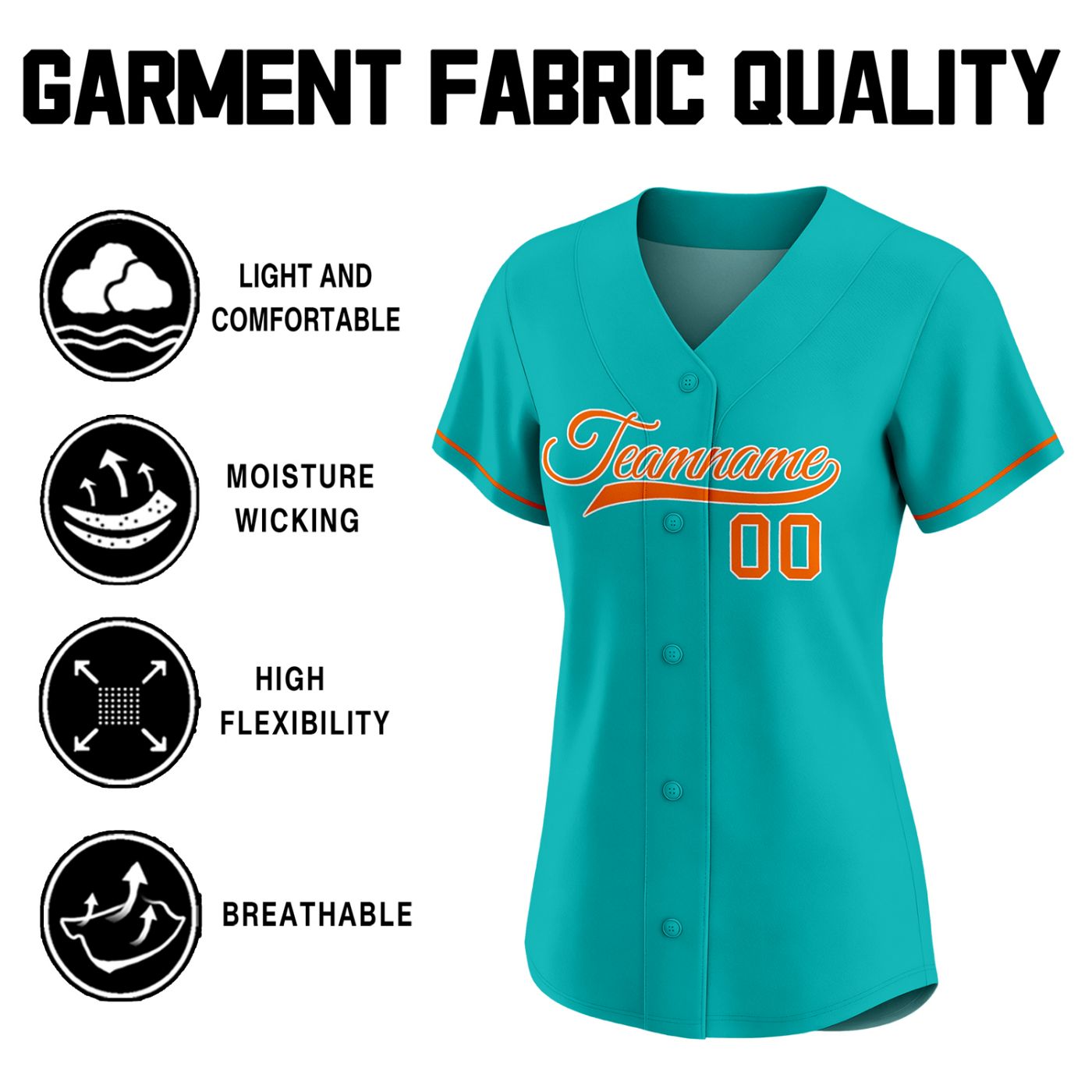 Custom women's teal baseball jersey with orange team name and number 00