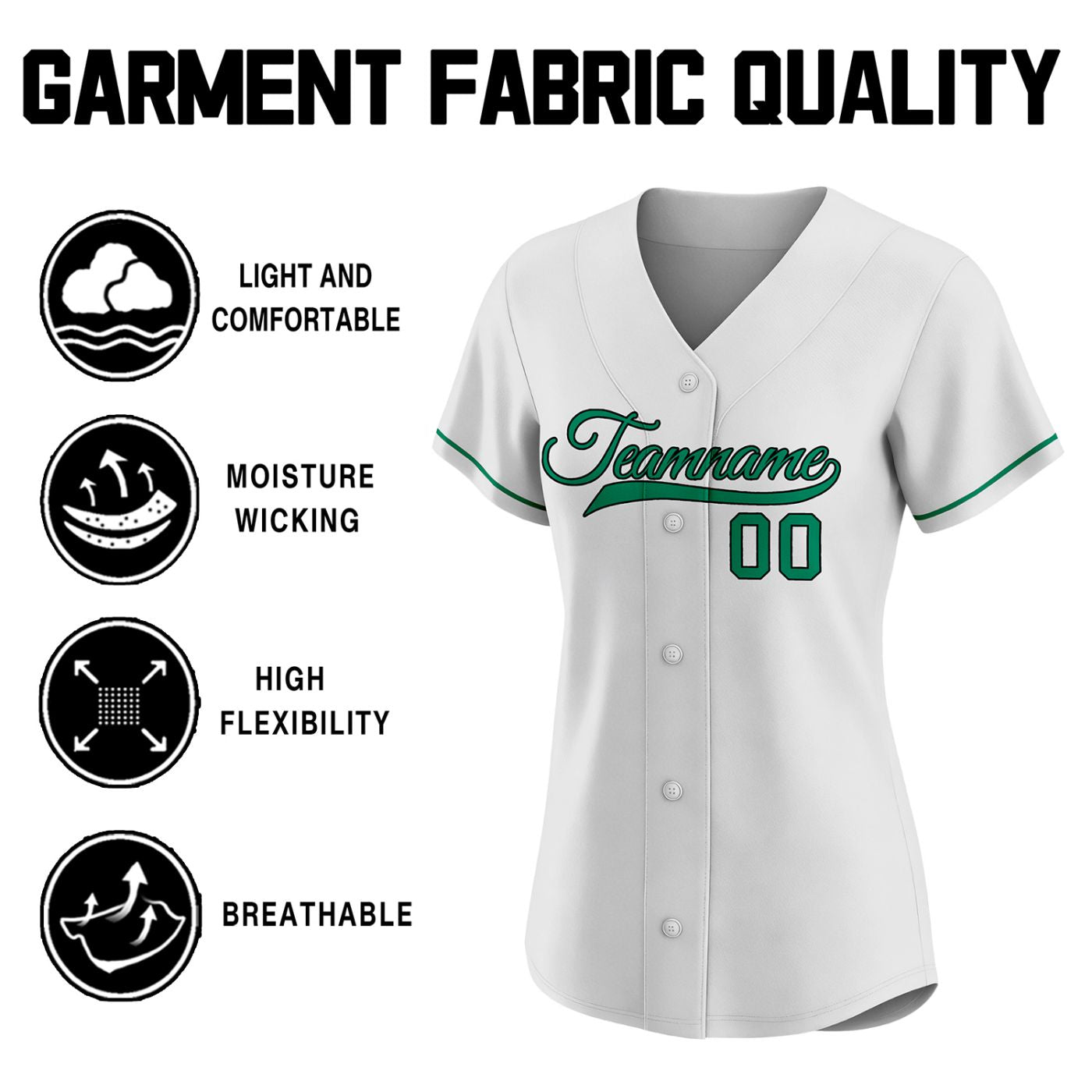 Custom women's white baseball jersey with green Teamname text and number 00.