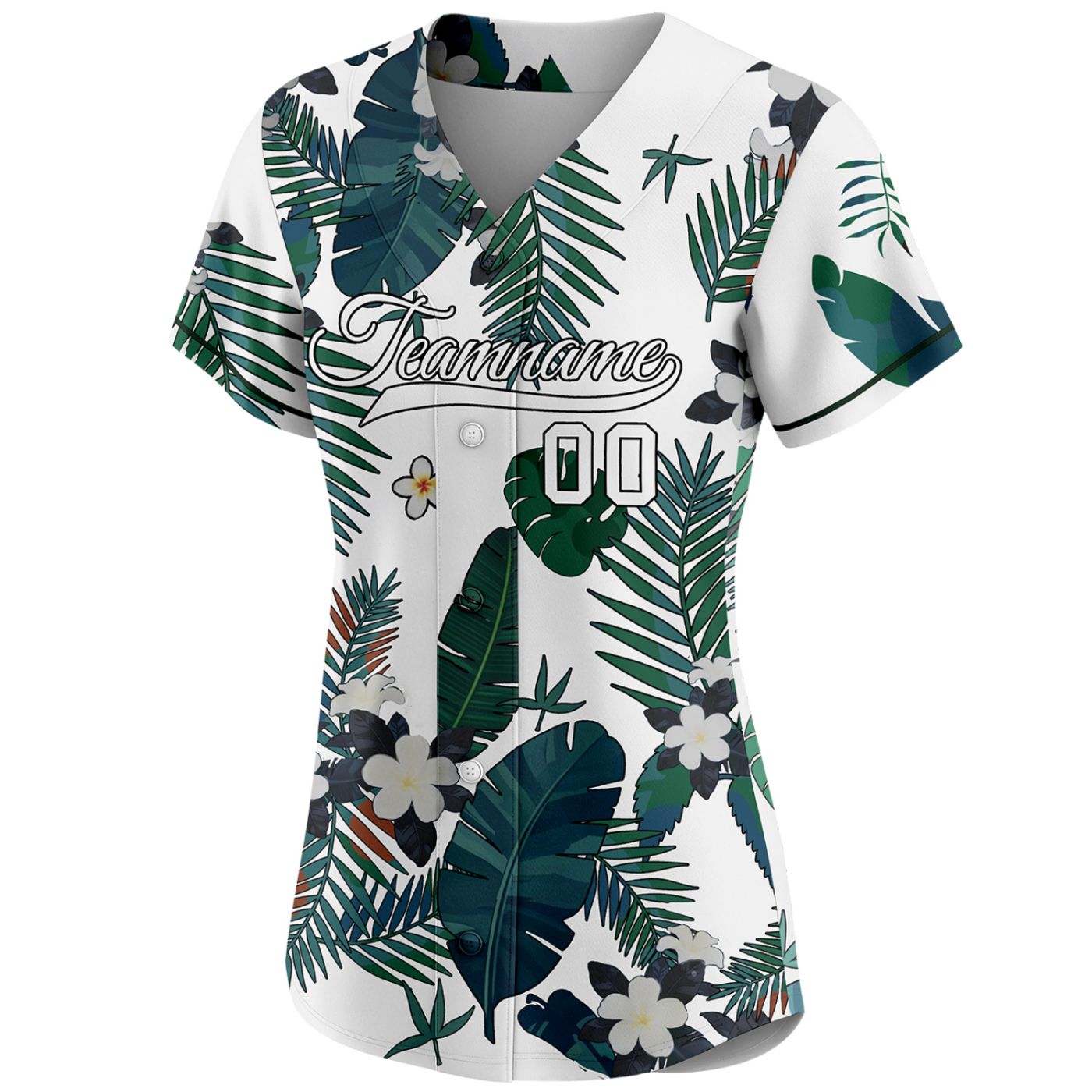 Women's custom baseball jersey with tropical plumeria flower and palm leaf print on white base, personalized team name and number, breathable fabric for sports and casual wear