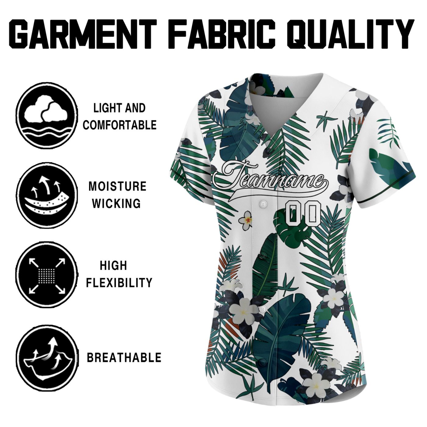 Women's custom baseball jersey with tropical plumeria flower and palm leaf print on white base, personalized team name and number, breathable fabric for sports and casual wear