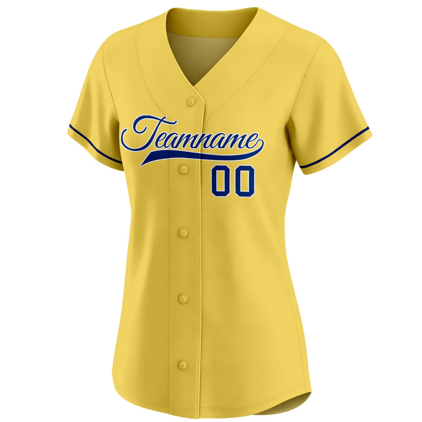 Custom women's yellow baseball jersey with royal blue team name and number 00