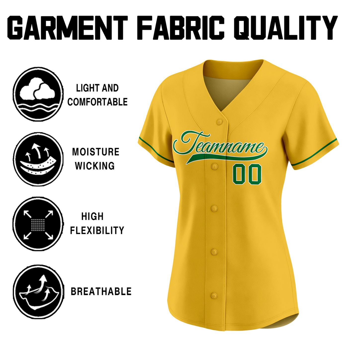 Custom women's yellow baseball jersey with forest green team name and number 00