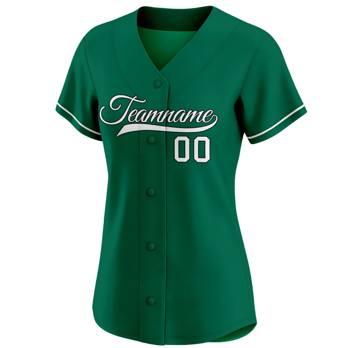 Women's forest green custom button-down baseball jersey with white piping trim