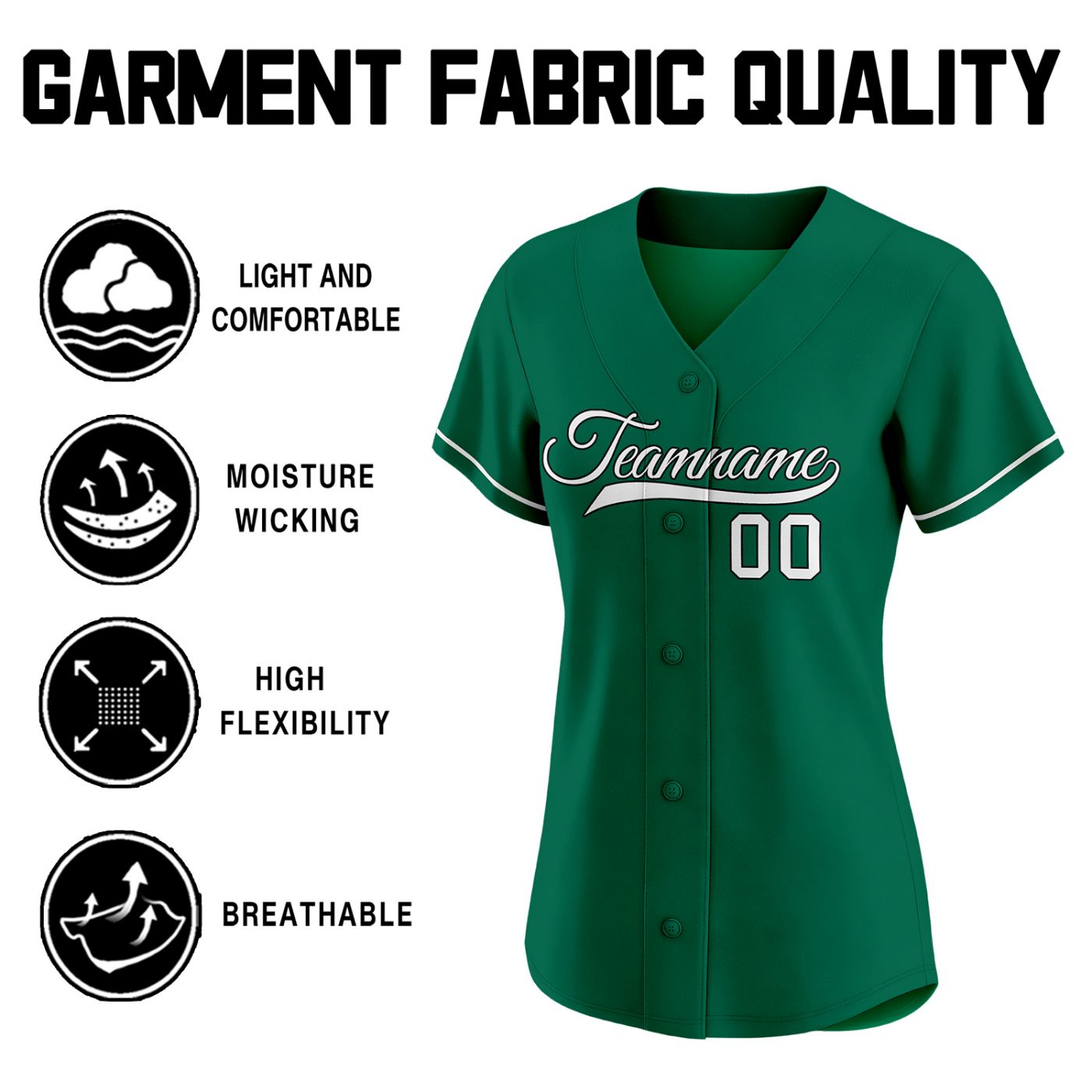 Women's forest green custom button-down baseball jersey with white piping trim