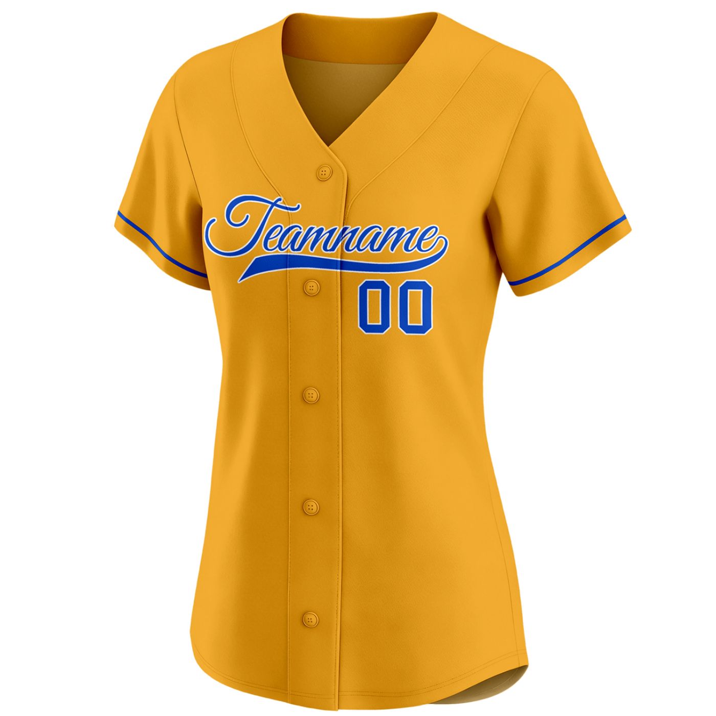 Women's gold yellow custom button-down baseball jersey with royal blue piping trim