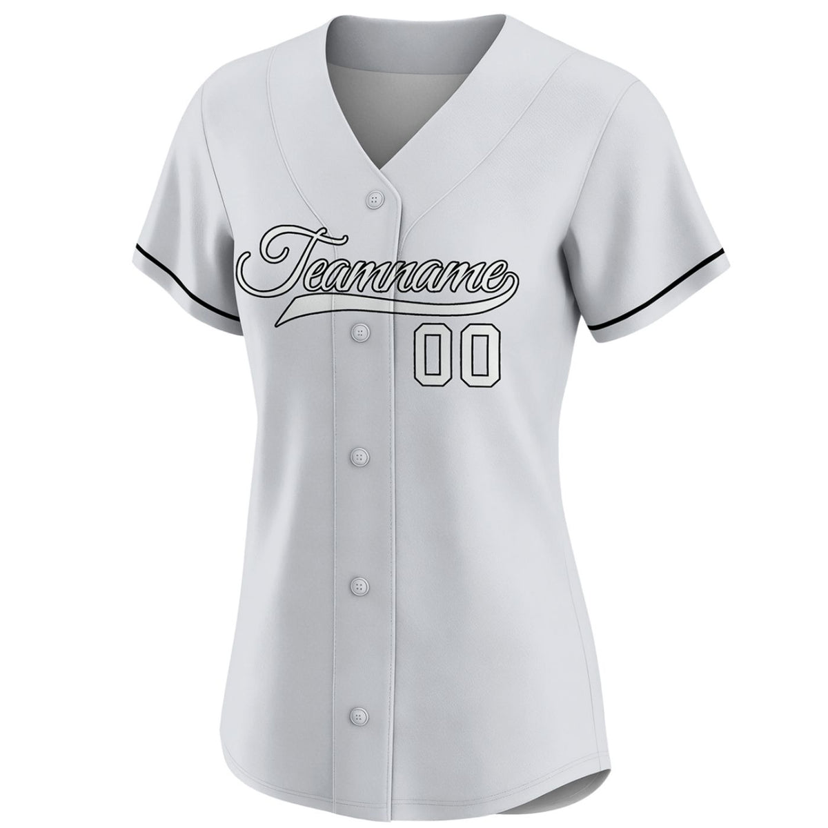 Women's light grey custom button-down baseball jersey with black piping trim