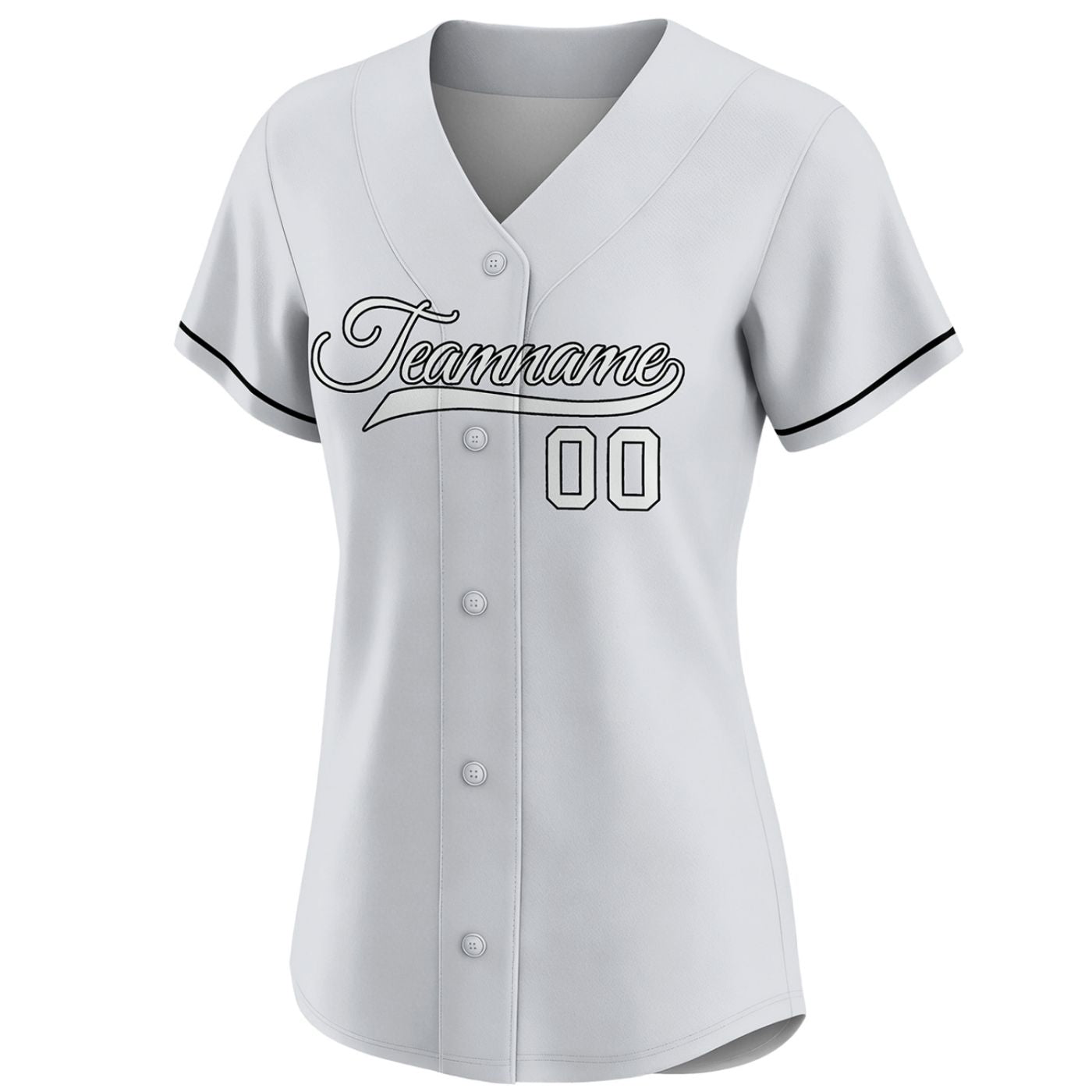 Women's light grey custom button-down baseball jersey with black piping trim