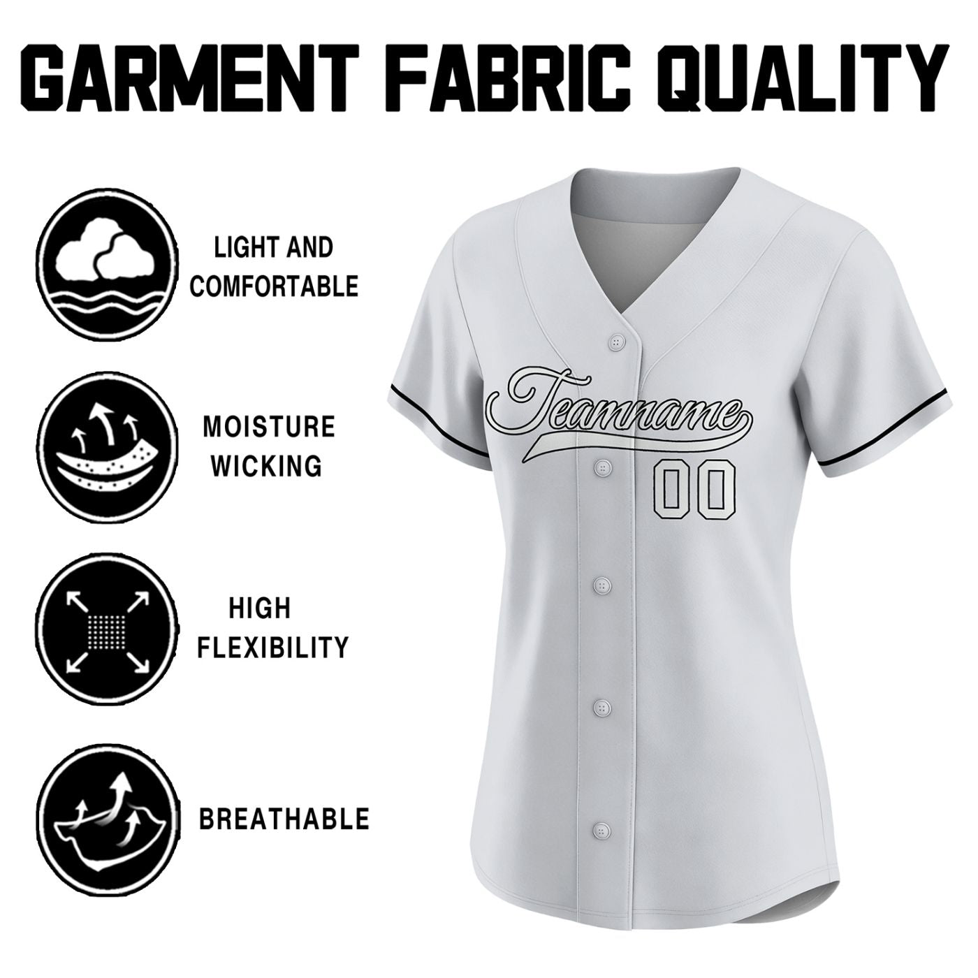 Women's light grey custom button-down baseball jersey with black piping trim