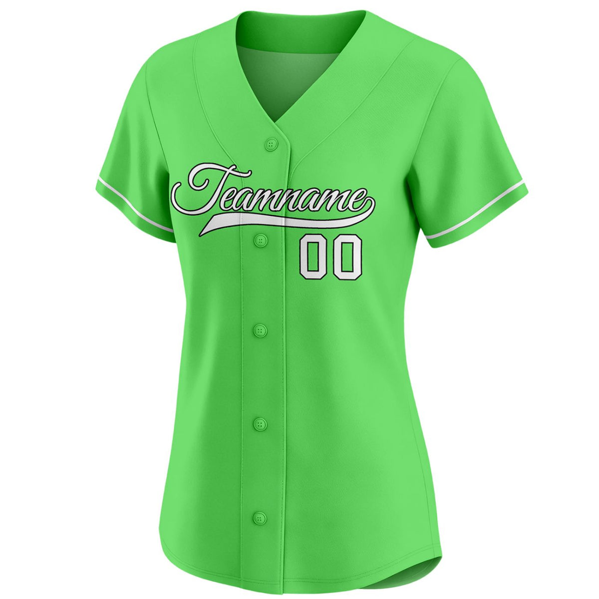 Women's lime green custom button-down baseball jersey with white piping trim