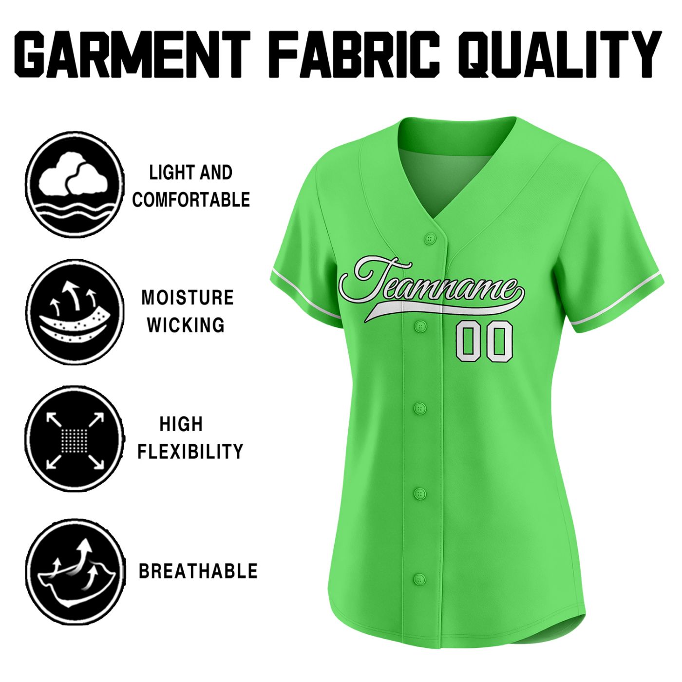 Women's lime green custom button-down baseball jersey with white piping trim