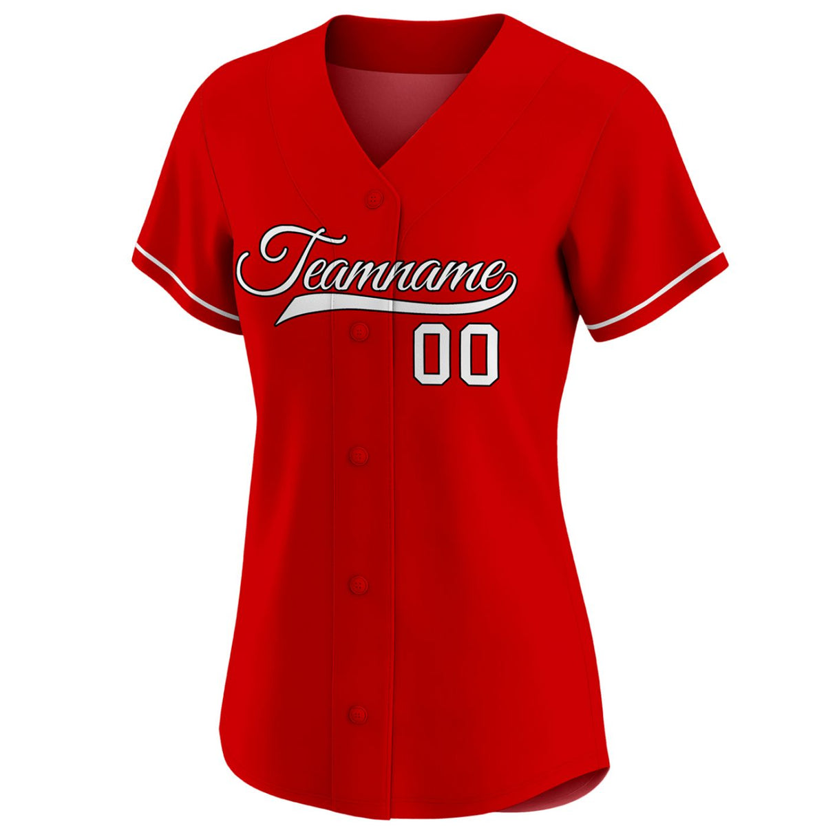 Women's bright red custom button-down baseball jersey with white piping trim