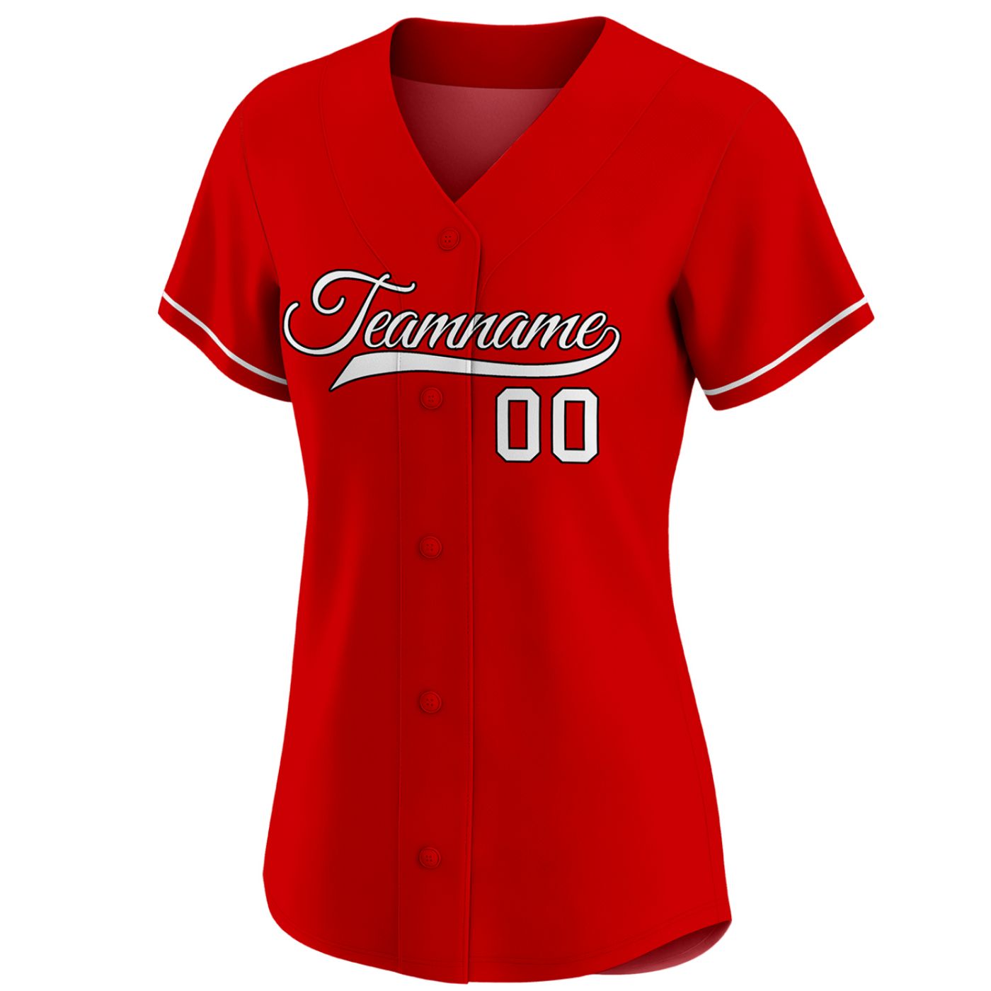 Women's bright red custom button-down baseball jersey with white piping trim