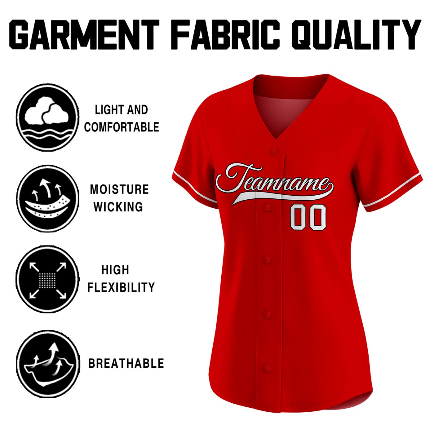 Women's bright red custom button-down baseball jersey with white piping trim