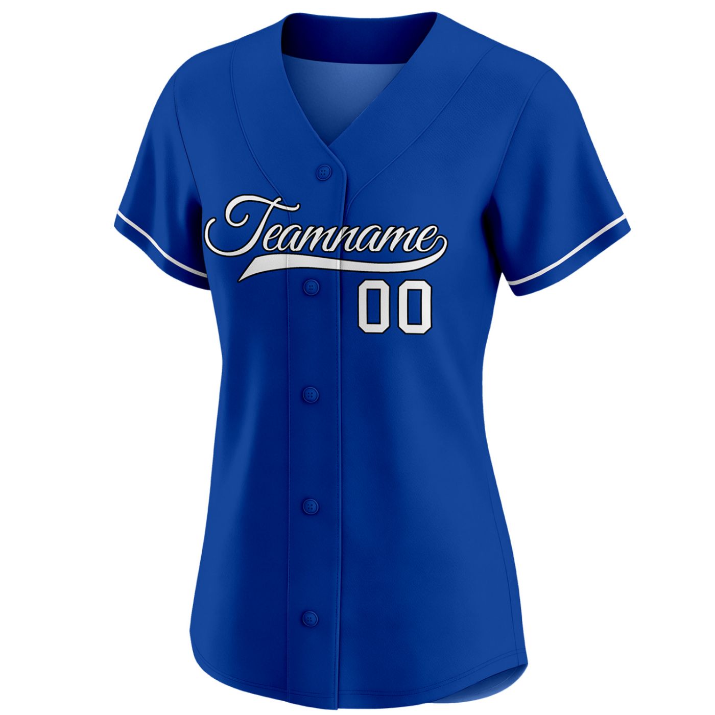 Women's royal blue custom button-down baseball jersey with white piping trim