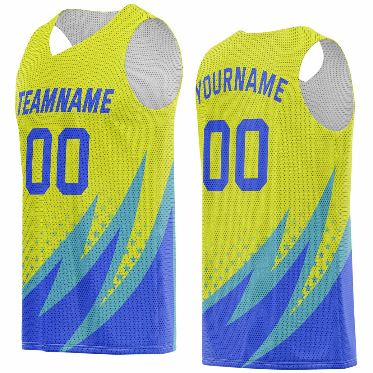 Custom Multi-Yellow &amp; Blue-Teal Lightning-Star Pattern Basketball Jersey - Personalized Team Name, Number &amp; LOGO | Vosoli