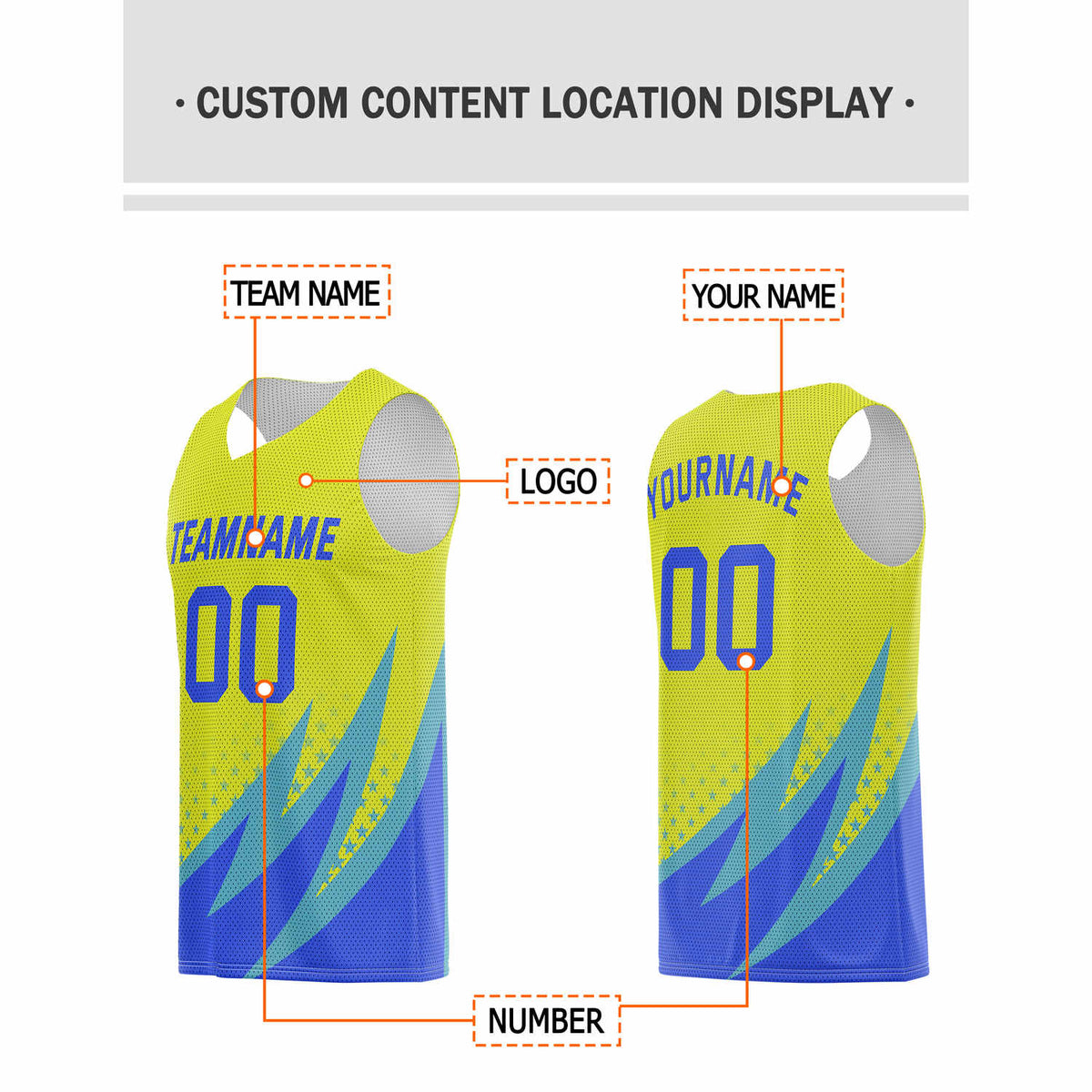Custom Multi-Yellow & Blue-Teal Lightning-Star Pattern Basketball Jersey - Personalized Team Name, Number & LOGO | Vosoli