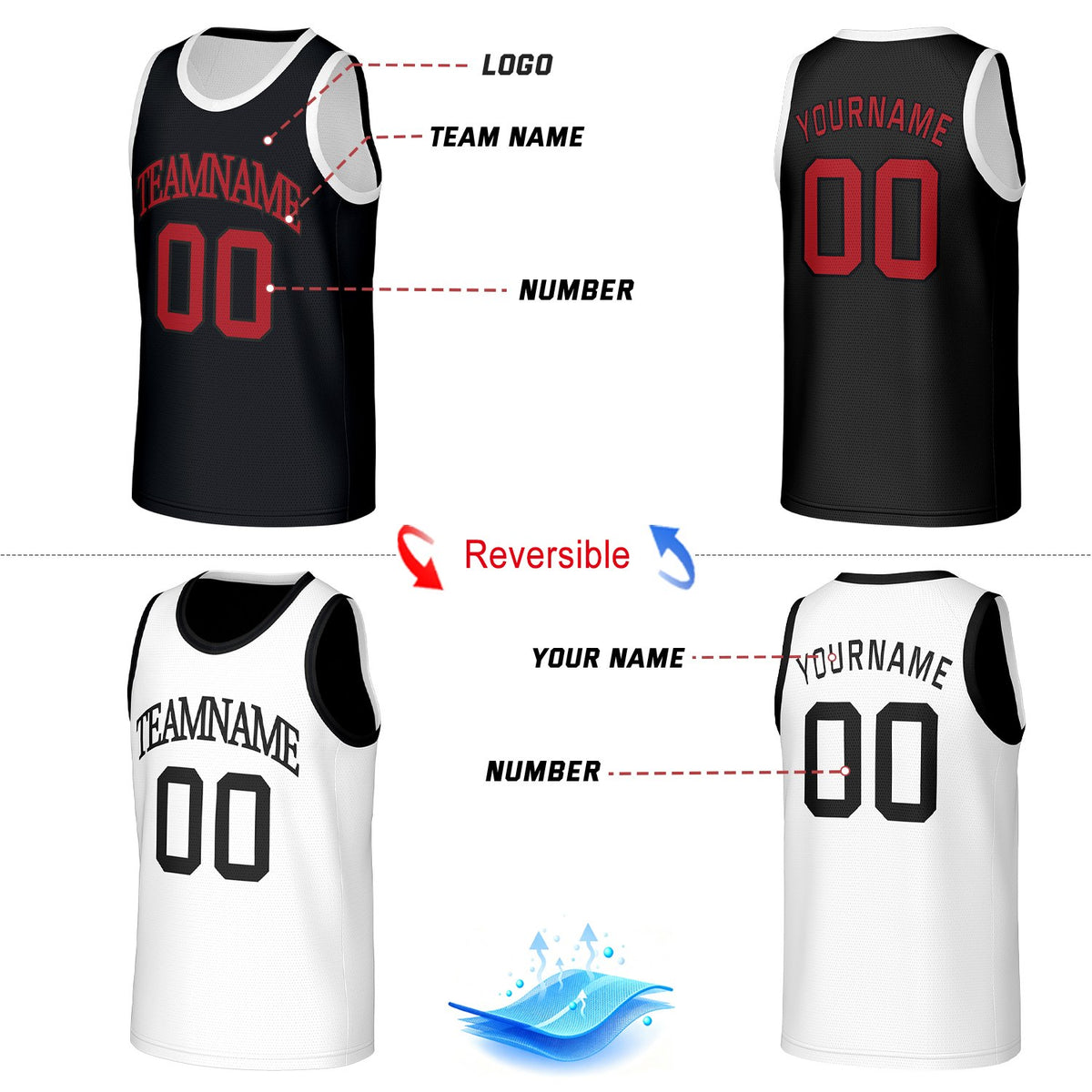 Custom Classic Double Trim Reversible Basketball Jersey Black & White Mesh Team Uniform for Adult Youth