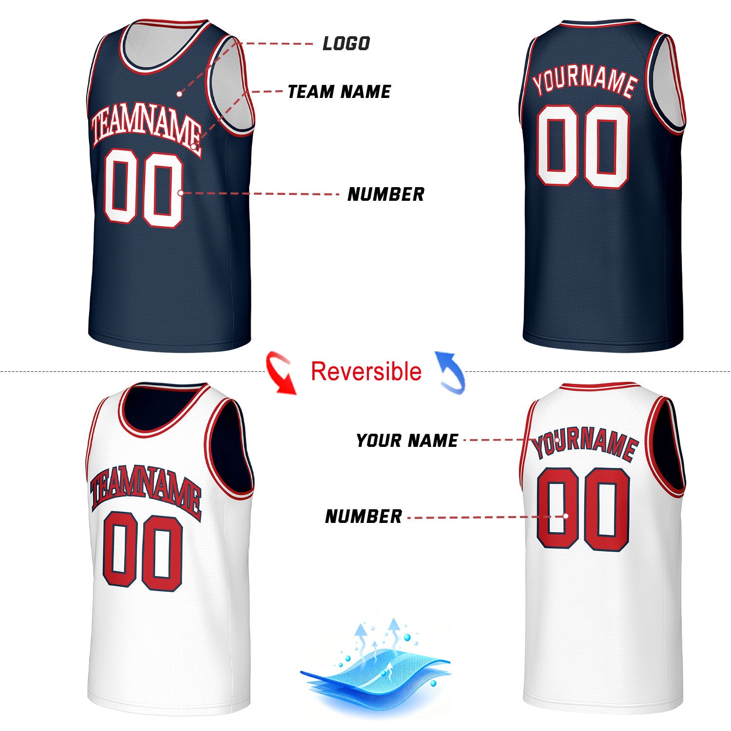 Custom Classic Double Trim Reversible Basketball Jersey Navy & White Mesh Team Uniform for Adult Youth