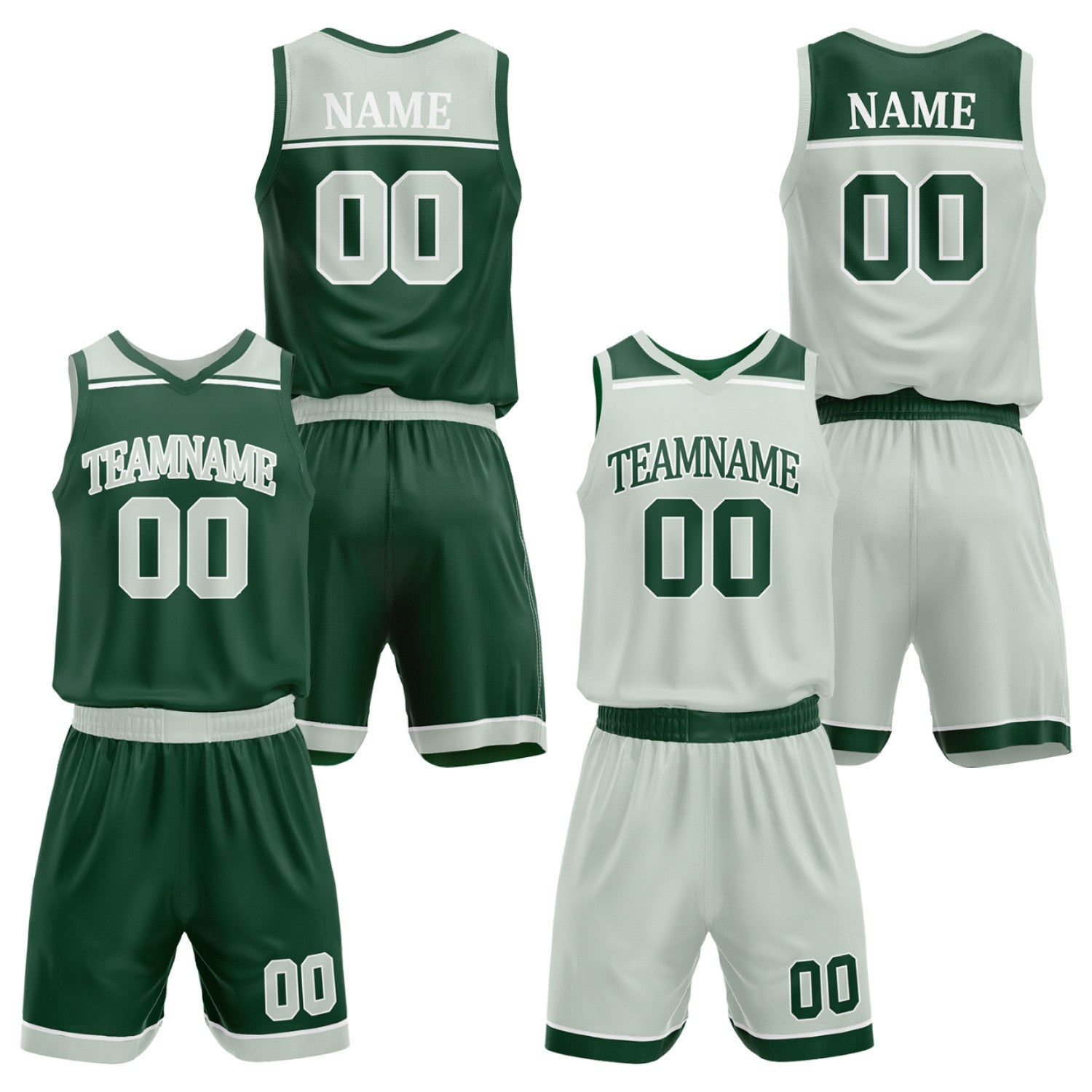 Custom youth travel basketball uniforms dark green off-white by Vosoli. Personalized team name, player name, number & logo. Breathable mesh. Fast delivery.